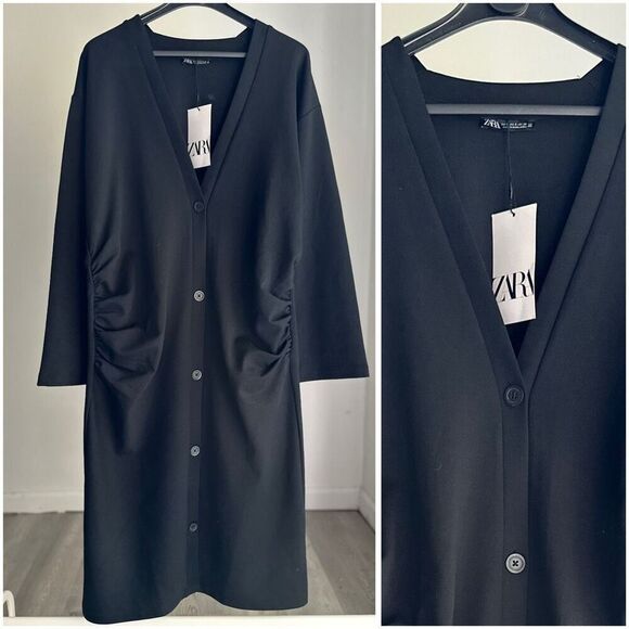 NWT Zara Ruched Black Cardigan Dress Small - Picture 1 of 4